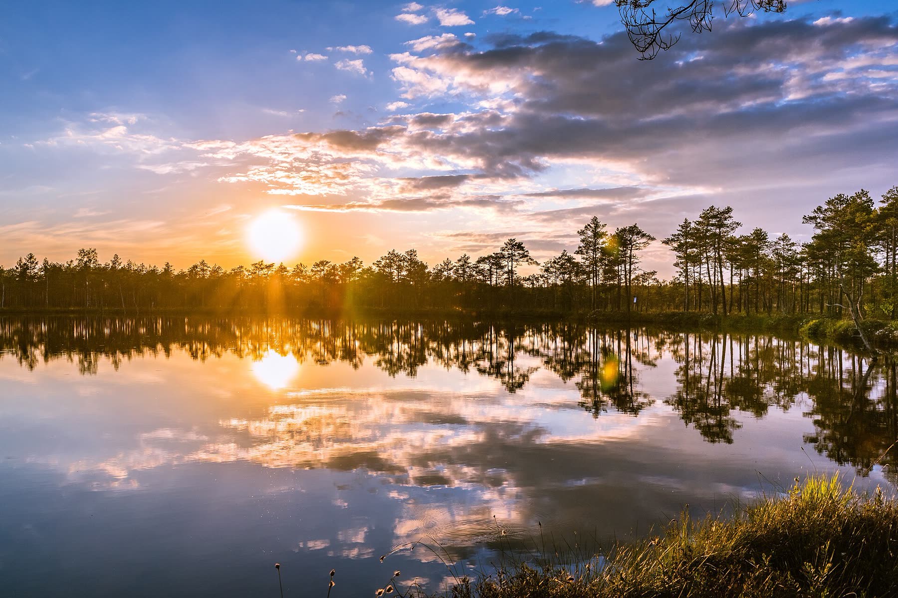 The sun setting over a still river that mirrors the trees and clouds