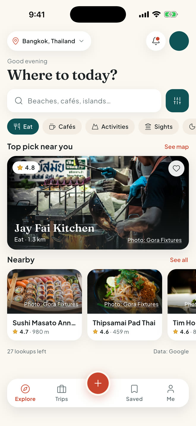 The explore screen with place categories, a top pick and nearby spots