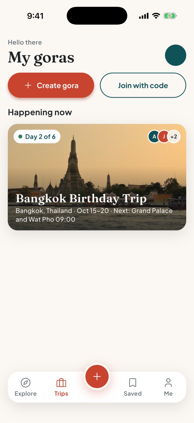 The gora home screen, showing a Bangkok trip happening now, on day 2 of 6