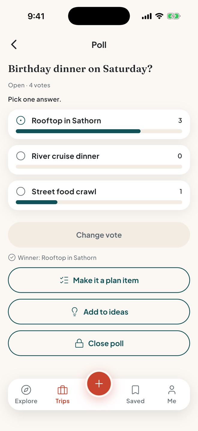 A crew poll on the birthday dinner on Saturday: Rooftop in Sathorn leads with 3 of 4 votes
