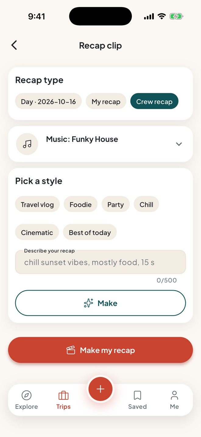 The recap studio for the Bangkok trip: the recap type, the music, style presets and a box to describe the recap you want